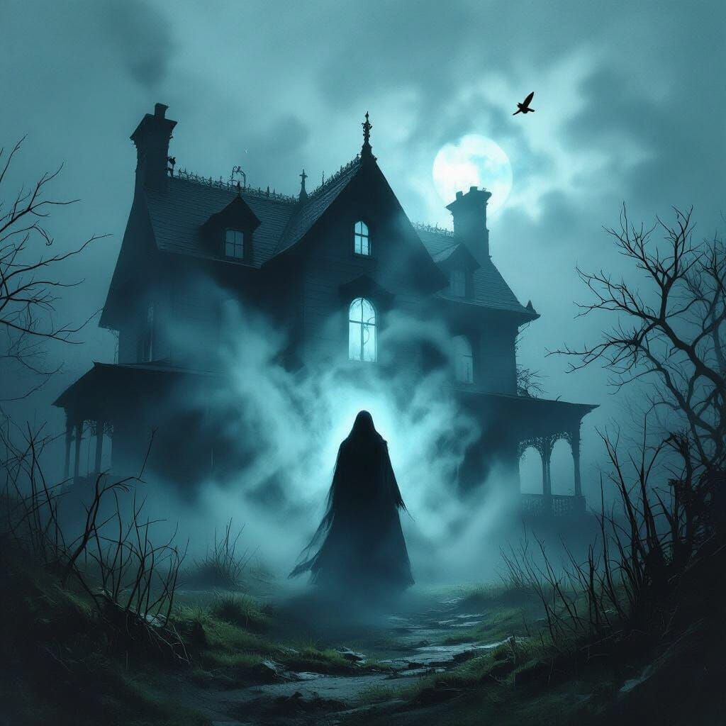 Spectral Figure Emerging from Victorian Mansion in Mist