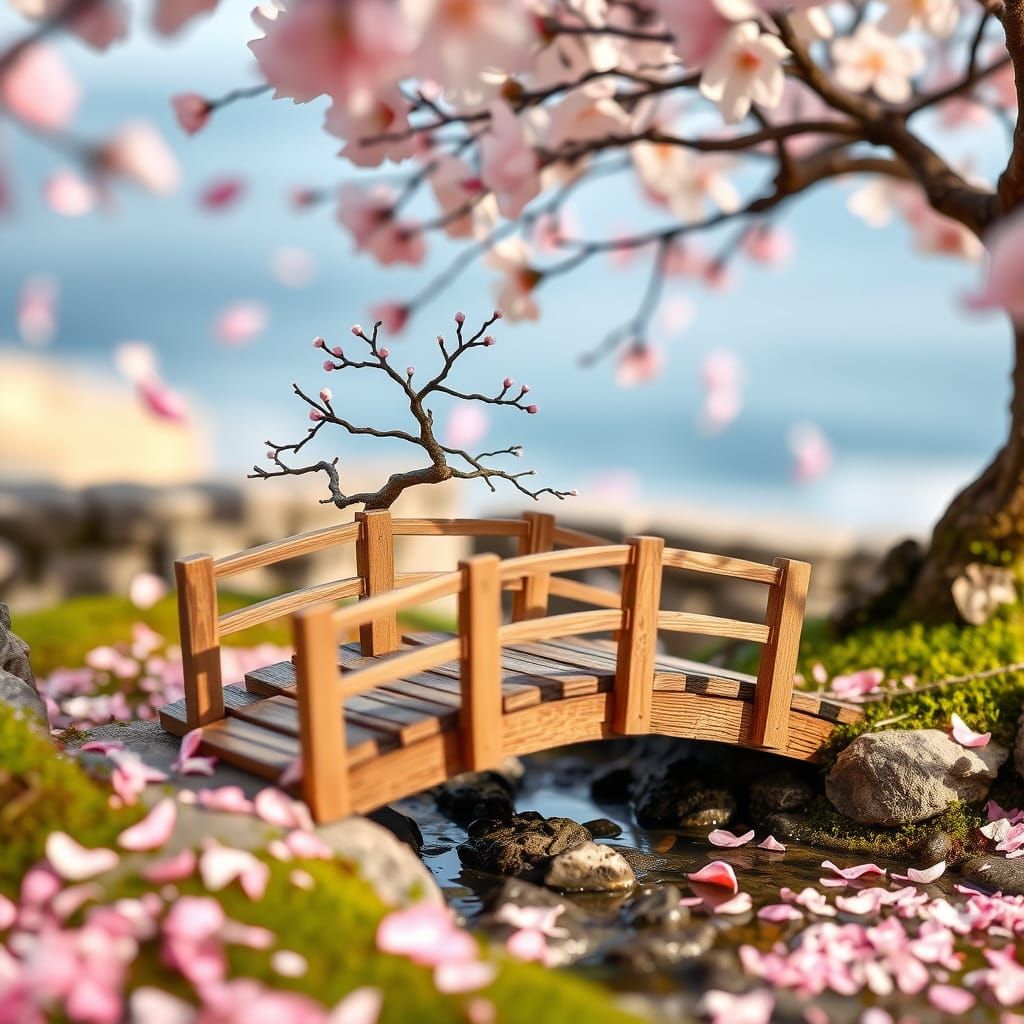 Miniature Wooden Bridge in Blossoming Sakura Landscape
