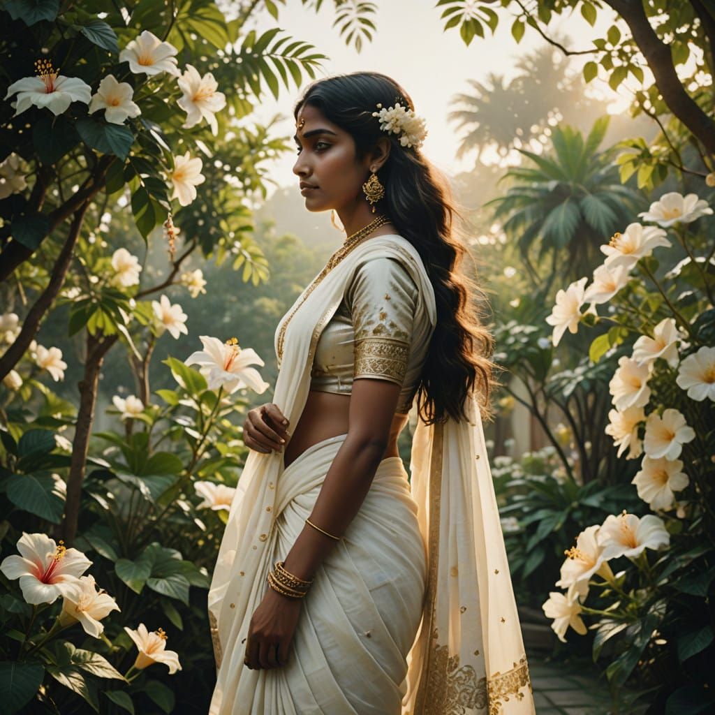Ethereal Indian Goddess in White Sari and Garden