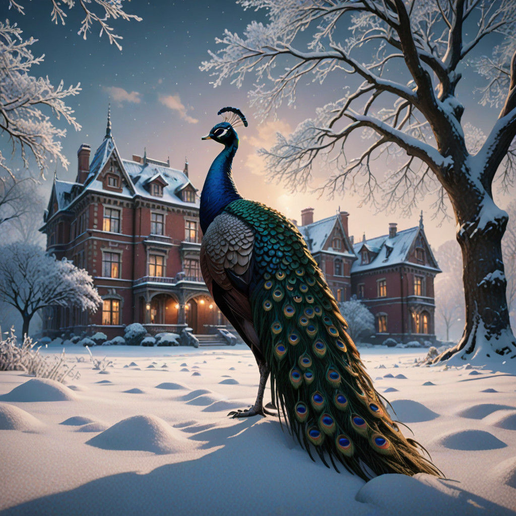 Cinematic Winter Peacock in Snowy Mansion Landscape