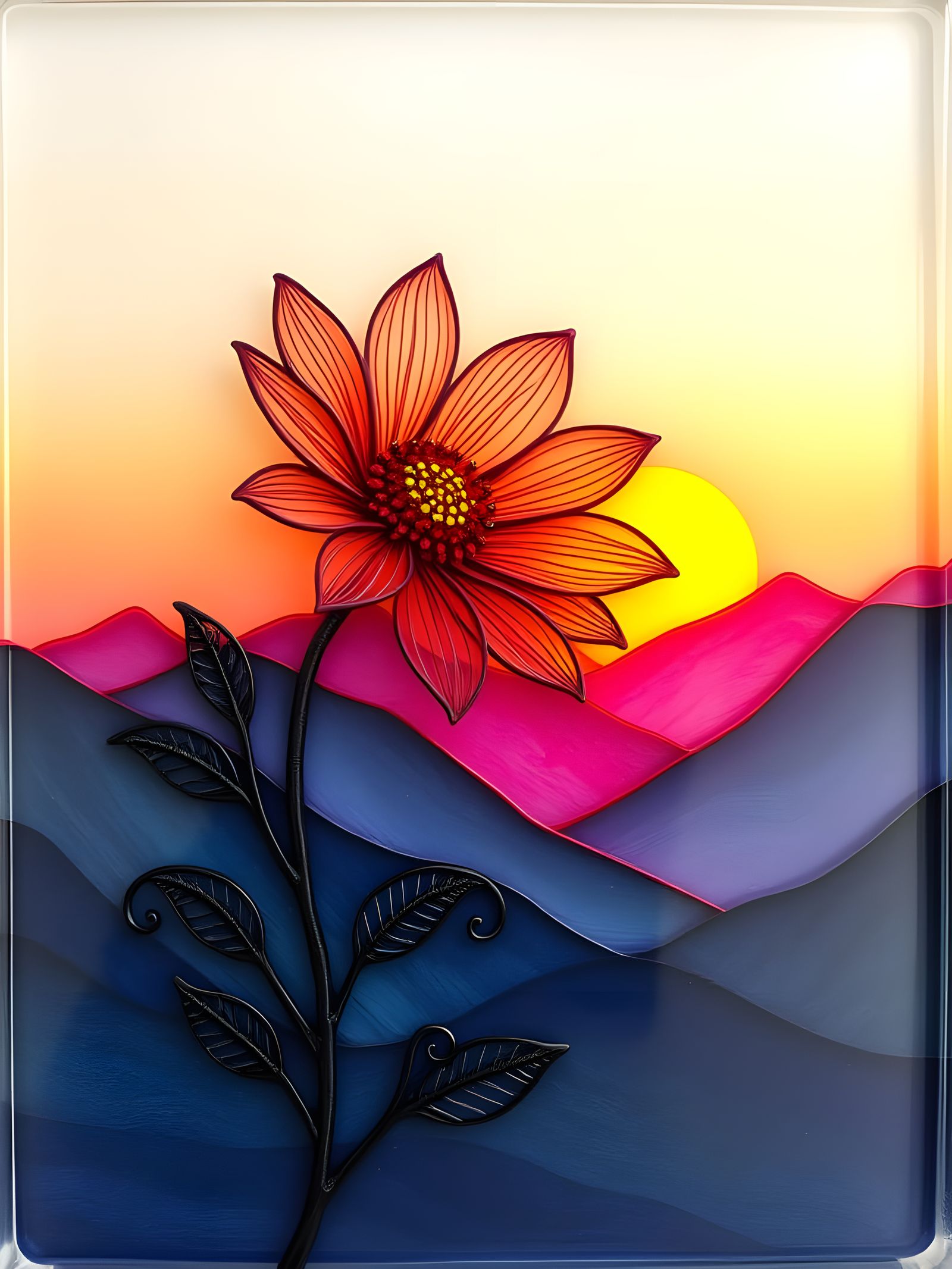 Resin Wire Art Blooms Amidst Vibrant Mountain Sunset