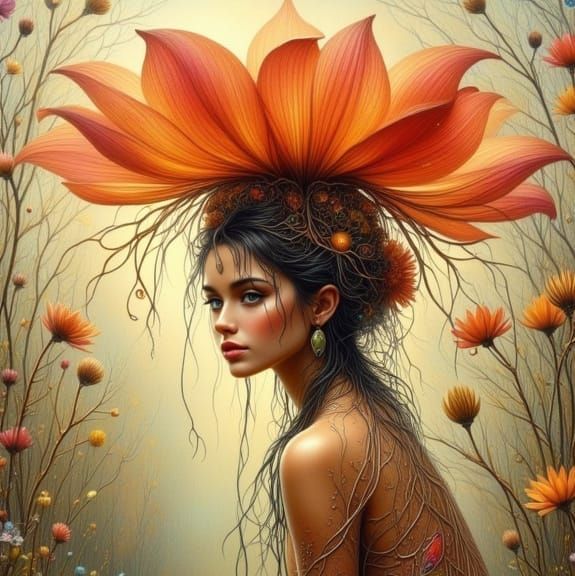 Woman Crouching Beneath Giant Flower in Surreal Naturalist S...