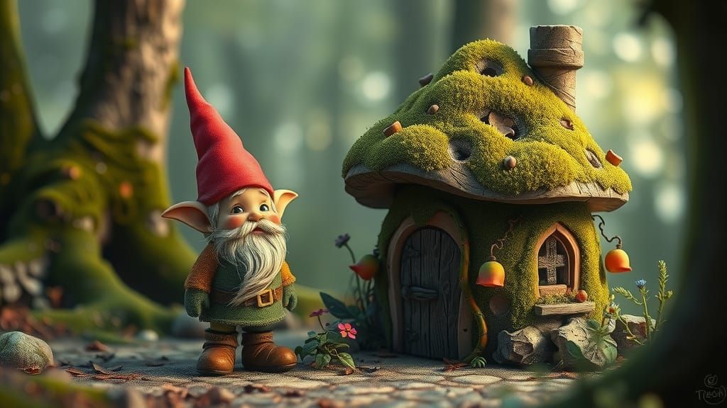 Charming Gnome at Mushroom Cottage Watercolor