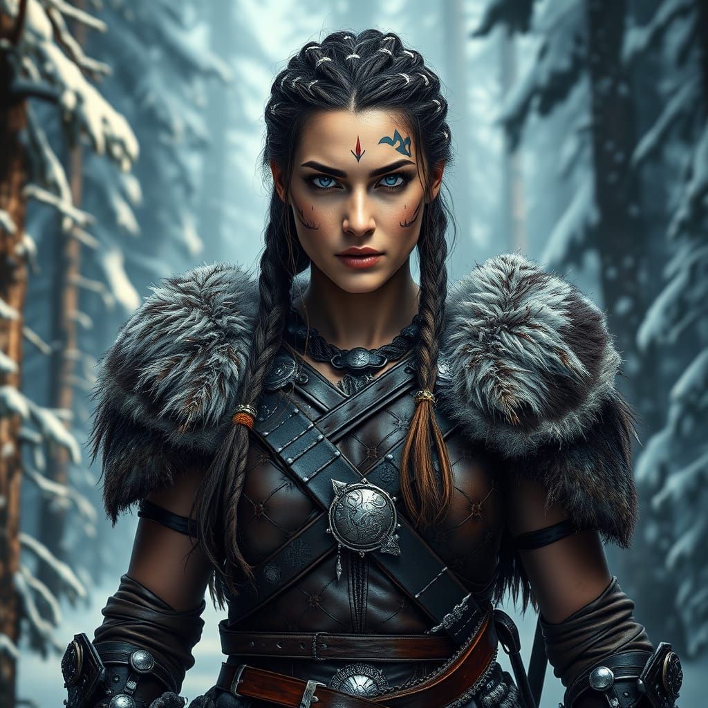 Epic Barbarian Warrior in Snowy Forest Landscape