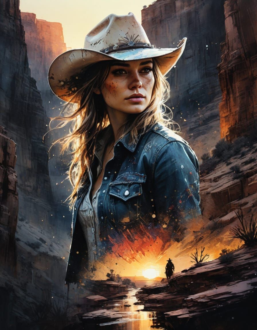 Cowgirl Portrait at Sunset in Canyon, Ink Splatter Art