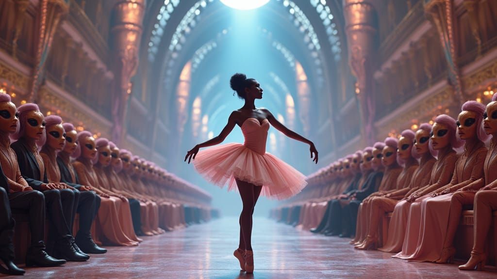 Ethereal Dark-Skinned Ballerina in Futuristic Opera House