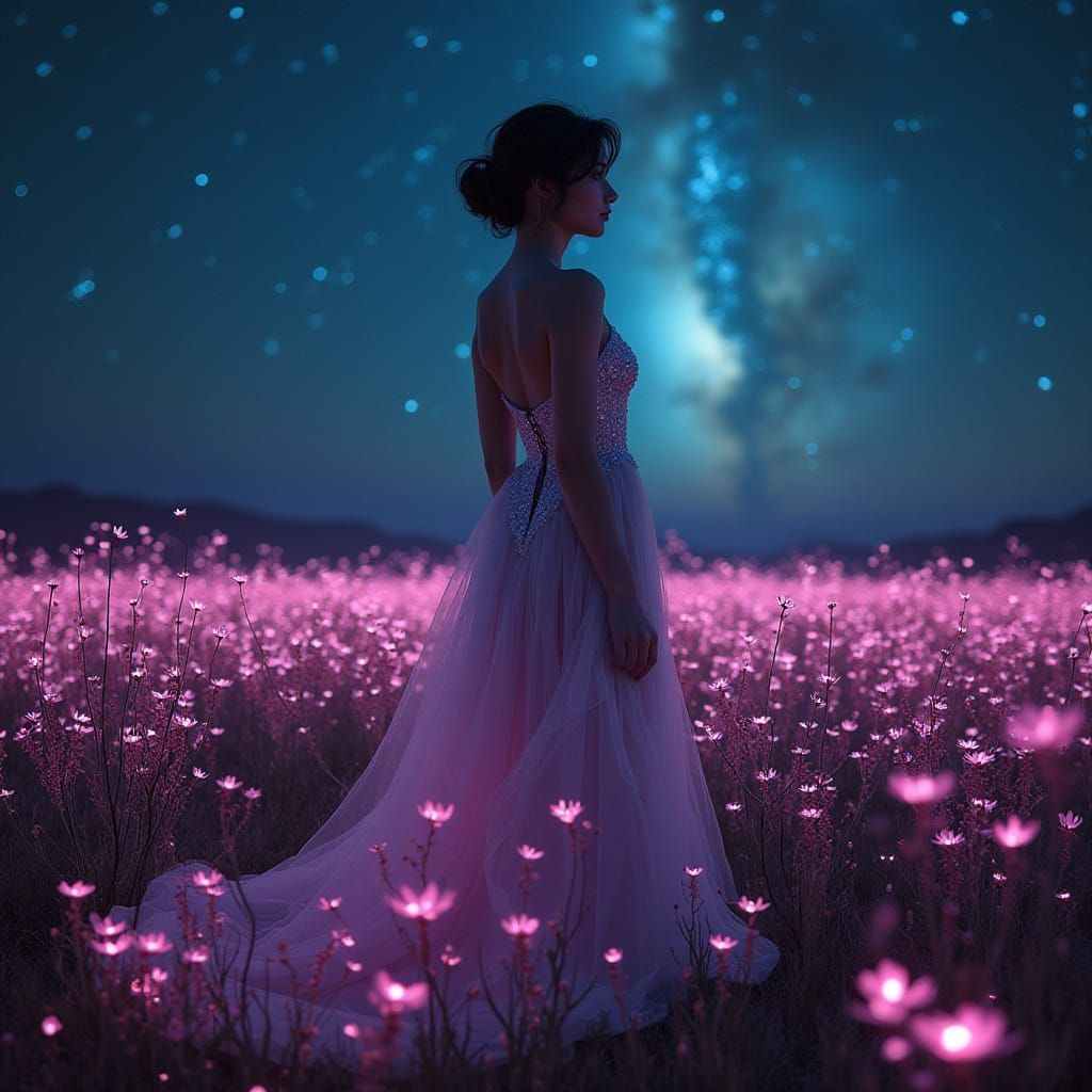 Glamour Model in Bioluminescent Field Under Starry Sky