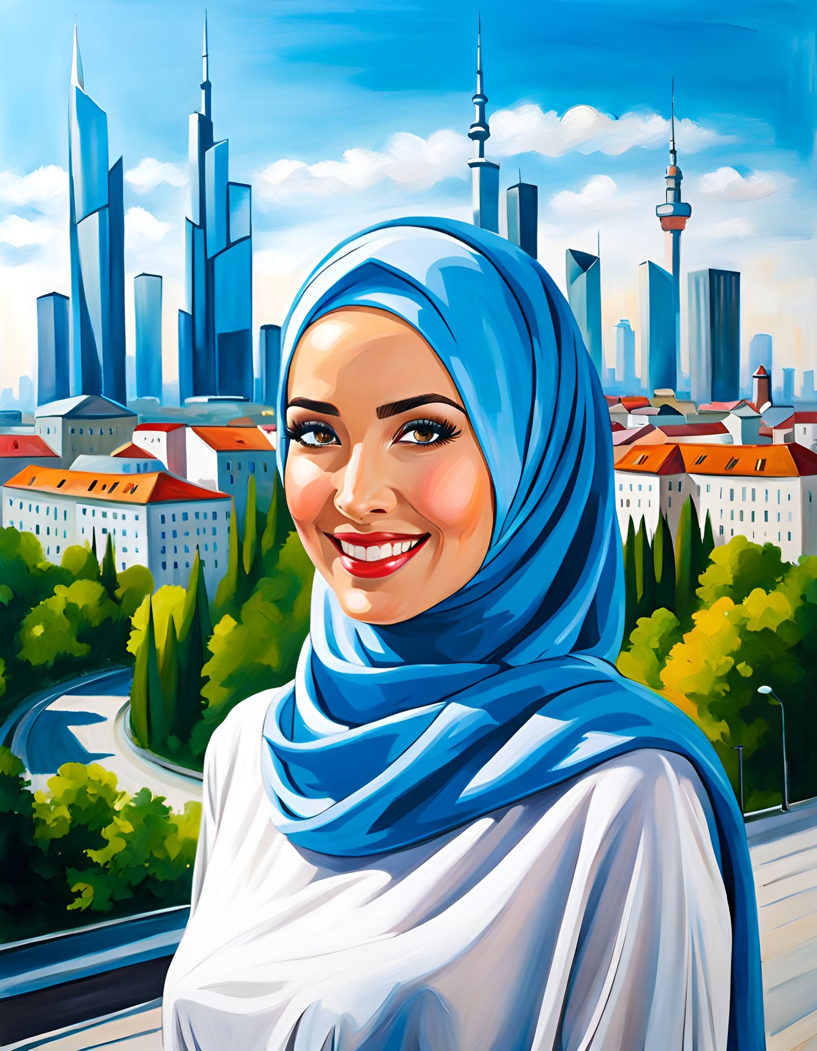 Elegant Hijabi Woman Smiling in City, Oil Painting