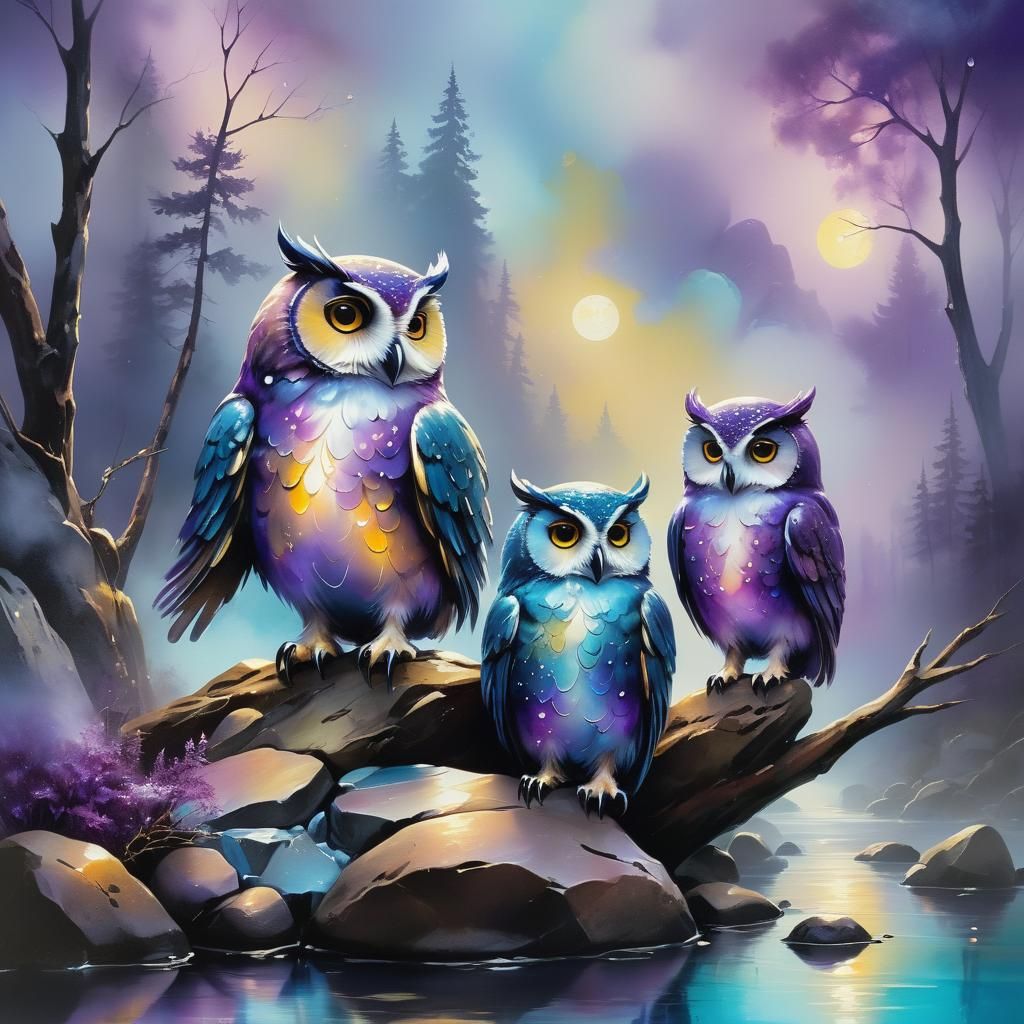 Owls in Creek: Alcohol Ink with Metallic Accents