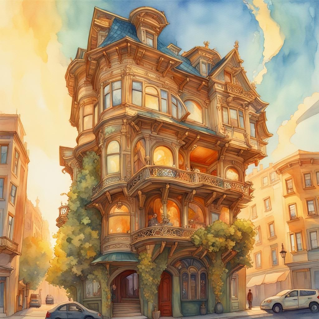 Whimsical Upside-Down House in Gouache Style