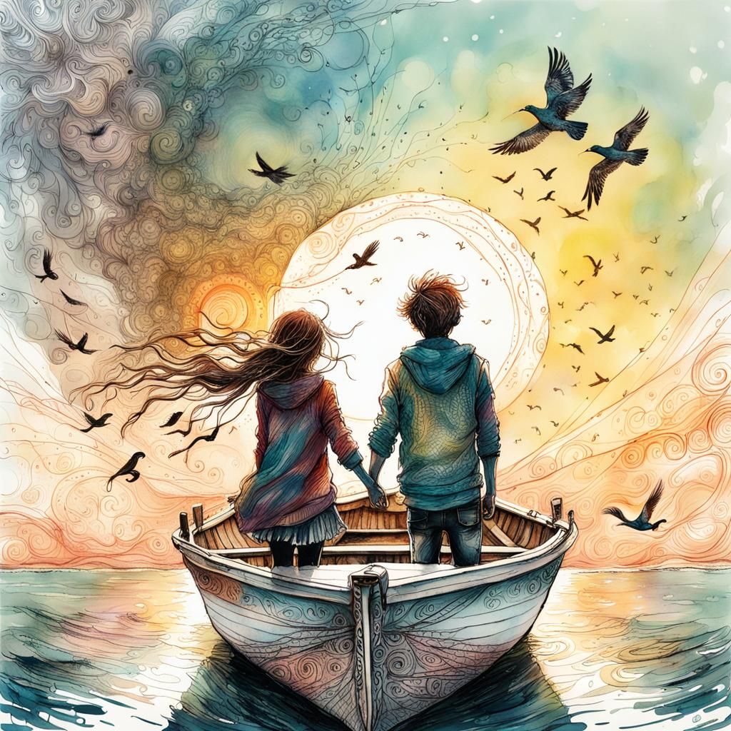 Whimsical Sunset Boat Ride with Zentangle Details