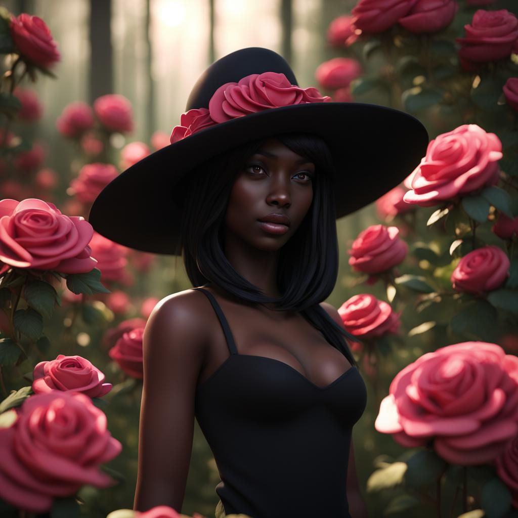 Black Girl in Rose Forest with Hat-Shaped Hat