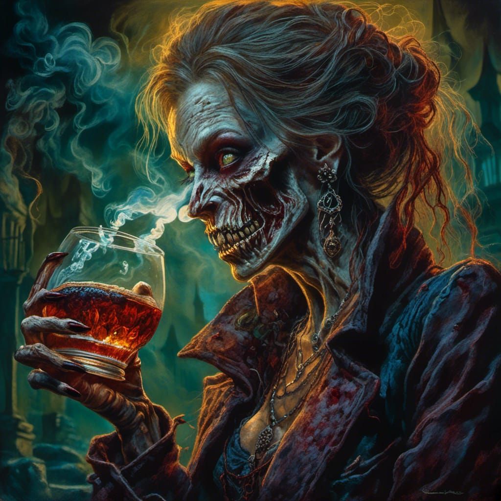 <lora:Thriller Fantasy:1.0>
Fiend <sleaze:1.2> of a woman;
Drinking+port+smoking cannabis.
 Dan Mumford,Bernie Wrightson...