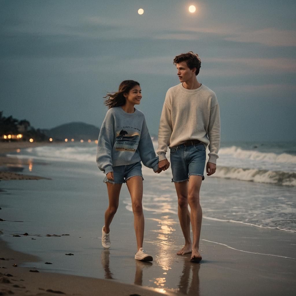 Tom Holland and Zendaya on a Moonlit Beach