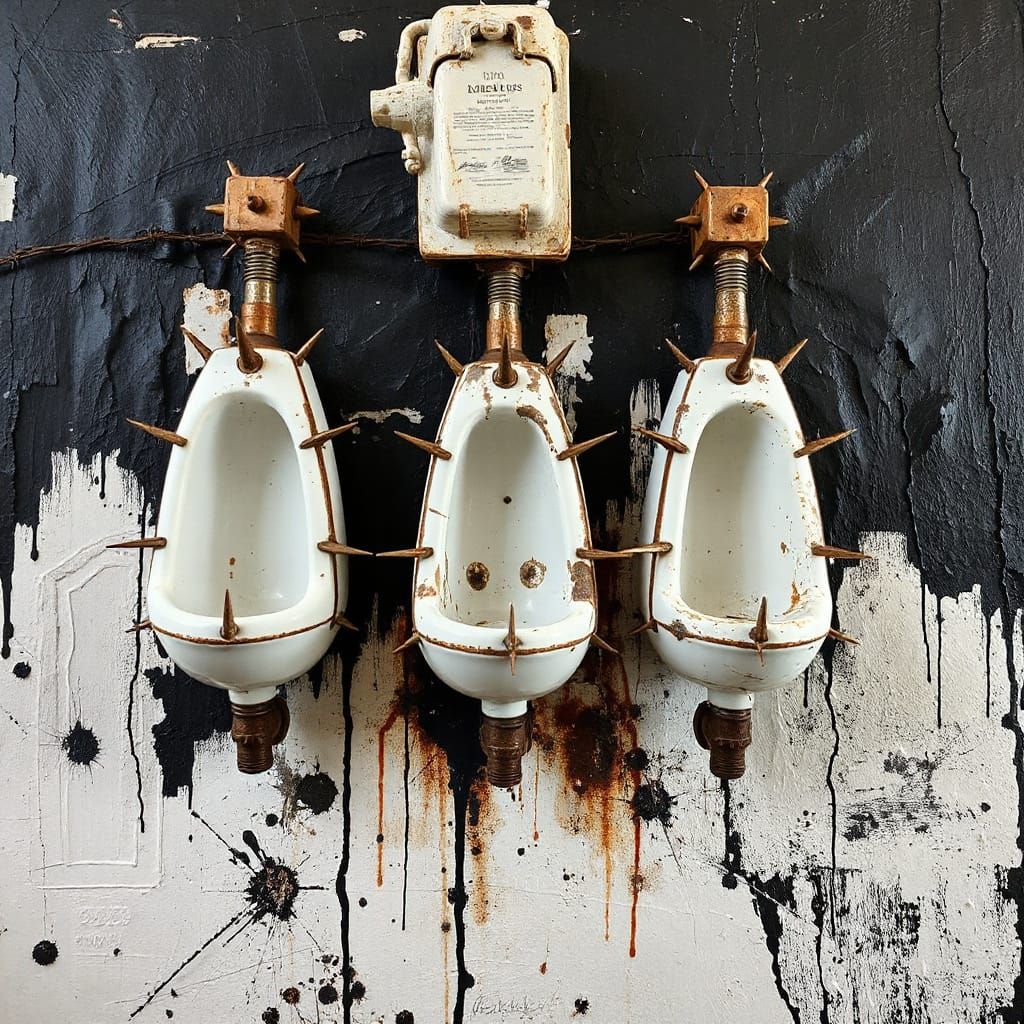 Surreal Urinal Sculpture with Spikes in Black and White