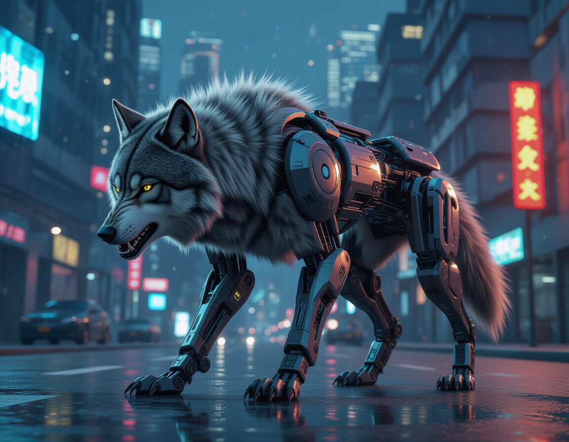 Cybernetic Dire Wolf Hunts in Futuristic City