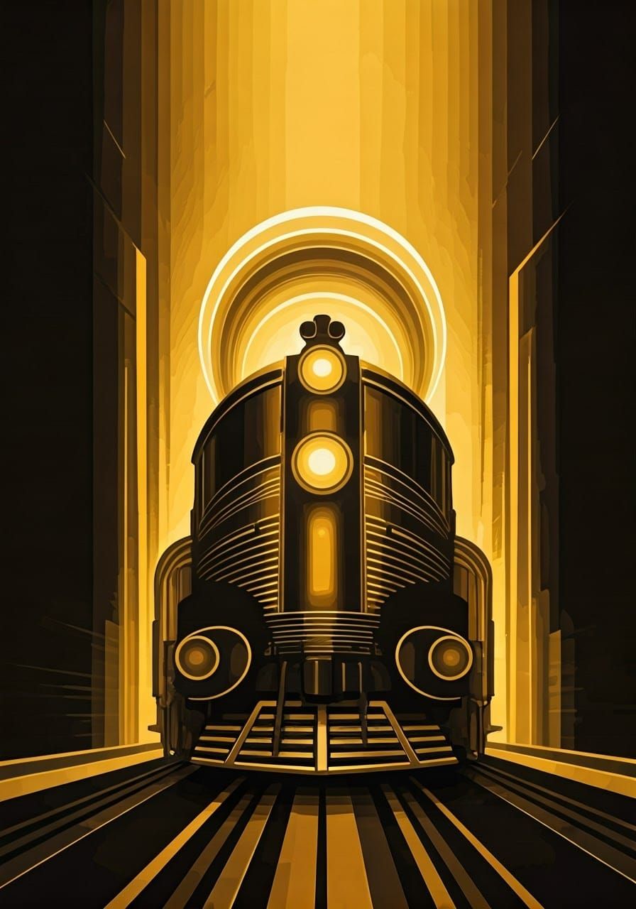 Vintage-Style Art Deco Poster Featuring Golden Train and Bol...