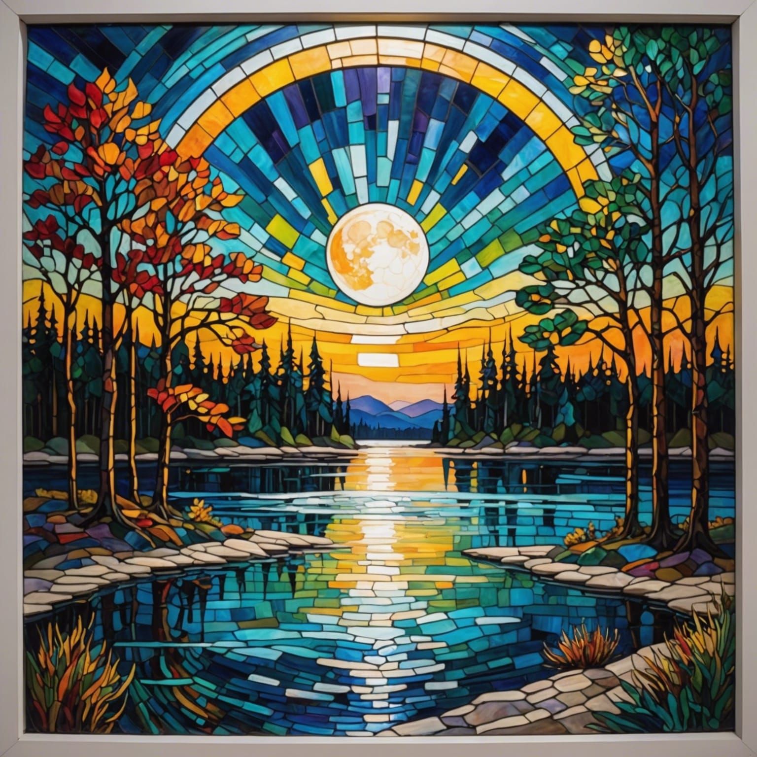 Stained Glass Moonlit Lake in Expressionist Style