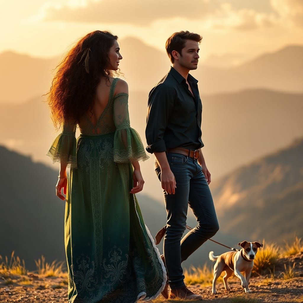 Couple and Dog in Mountain Landscape, Fantasy Art