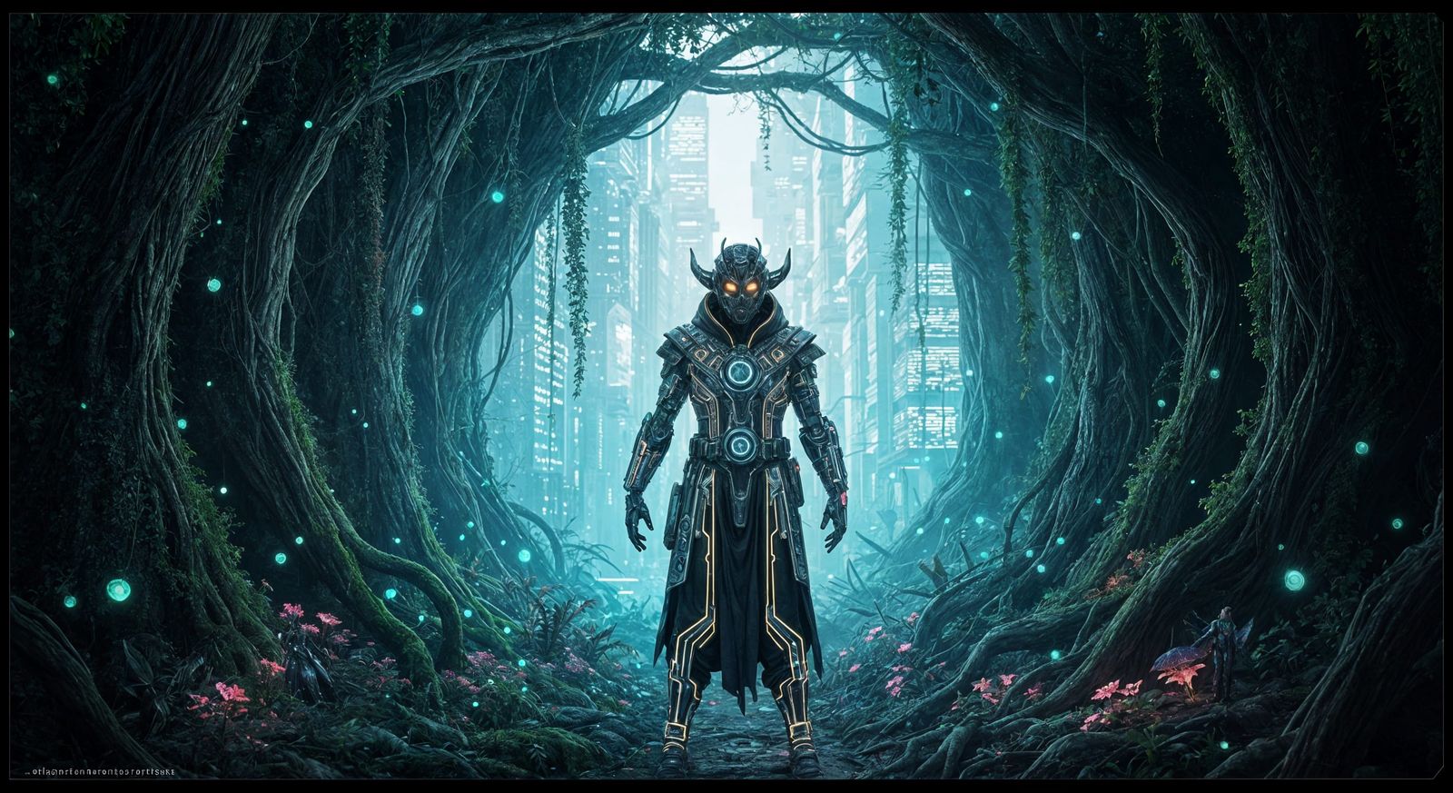 Cybernetic Druid in Cyberpunk Metropolis