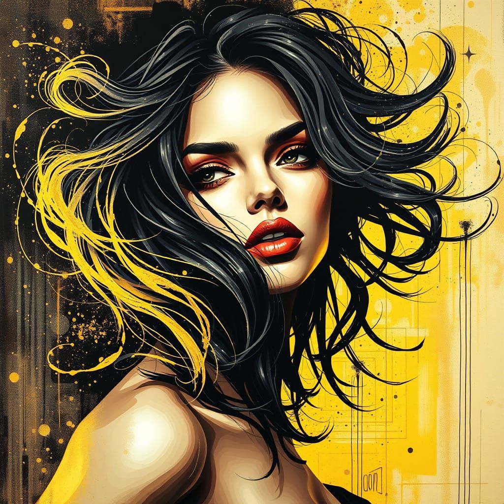 Elegant Woman with Long Flying Curls in Warm Golden Light