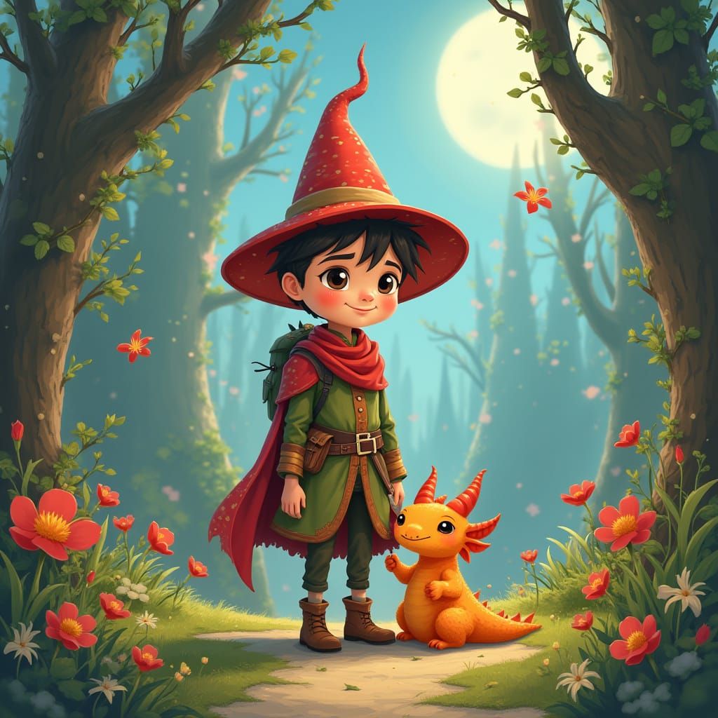 Wizard Finn Figg and Dragon in Dreamlike Setting