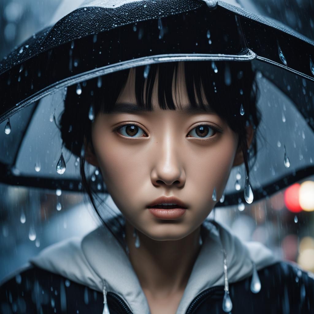 Japanese Girl's Face Reflected in Raindrop