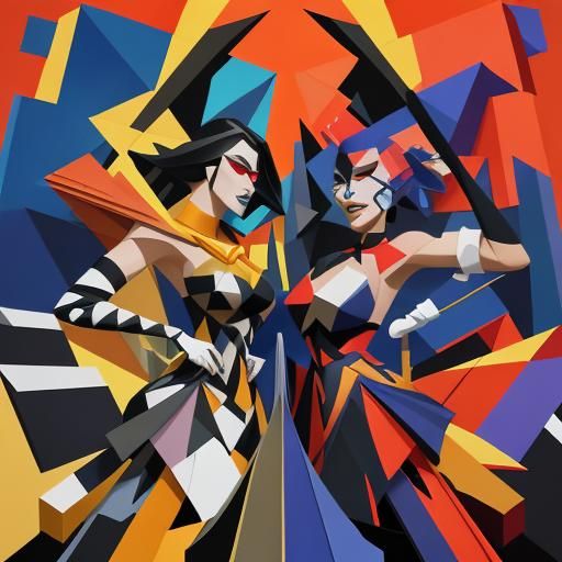 Cubist Painting: Good Versus Evil in Art Deco Style