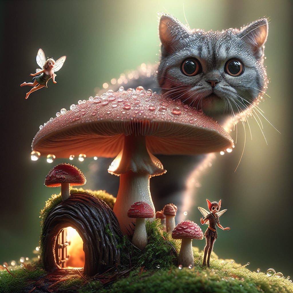 Macro Cat and Fairy Encounter on Mushroom