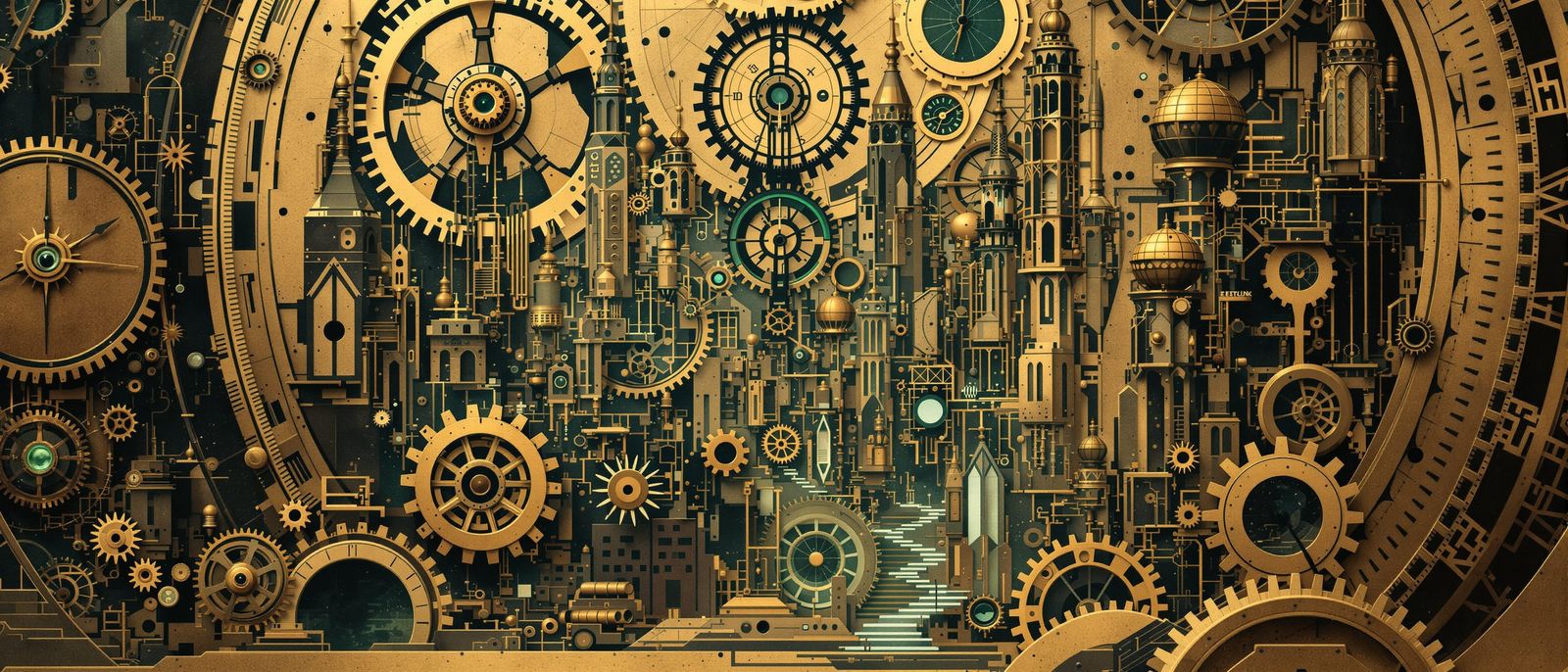 Clockwork Cityscape with Gears and Cogs in Steampunk Style