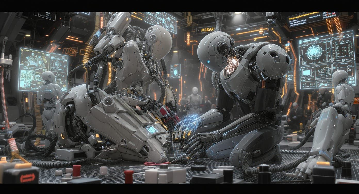 Android Technicians Repair Robot Arm in Futuristic Scene