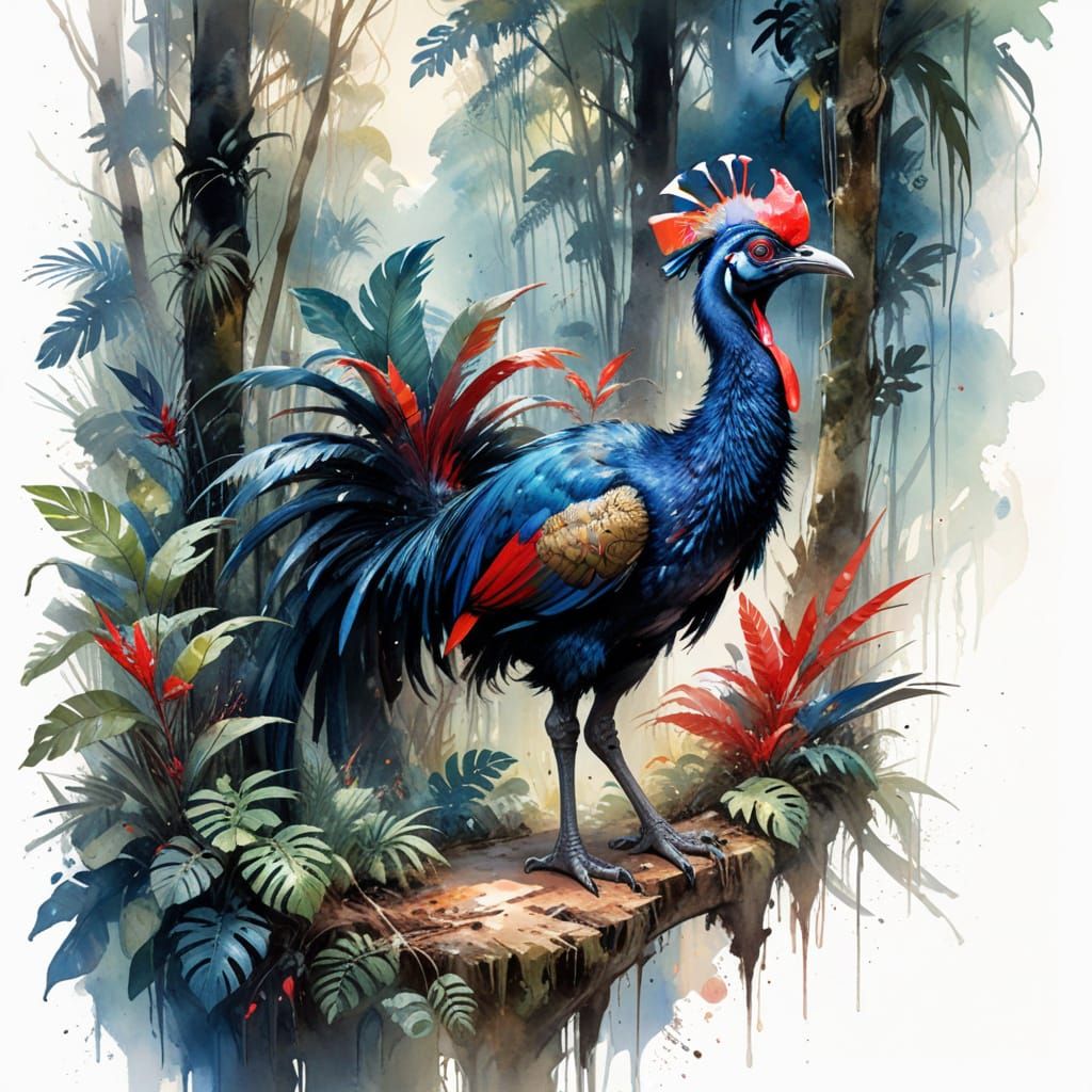 Majestic Cassowary in Tropical Rainforest Dawn