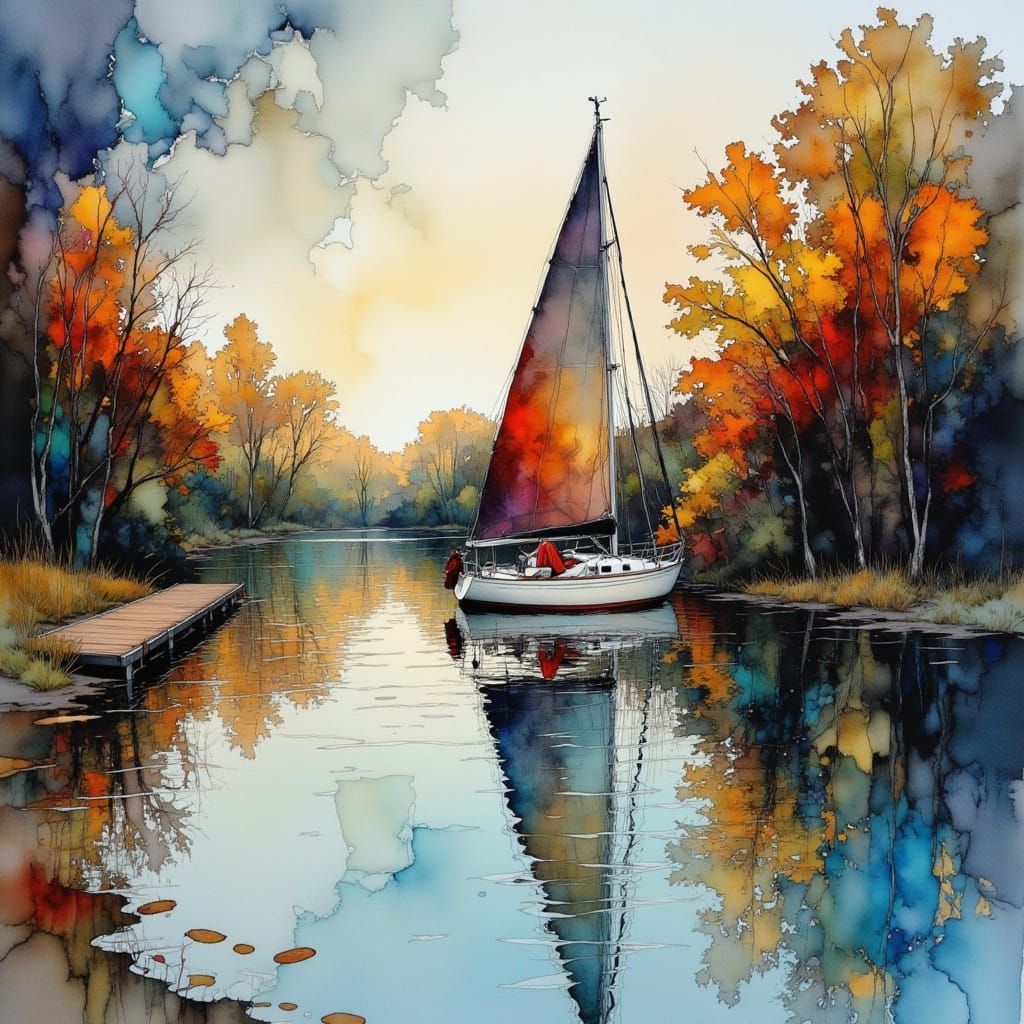 Alcohol Ink Sailboat on Woodland Lake with Gold Veins