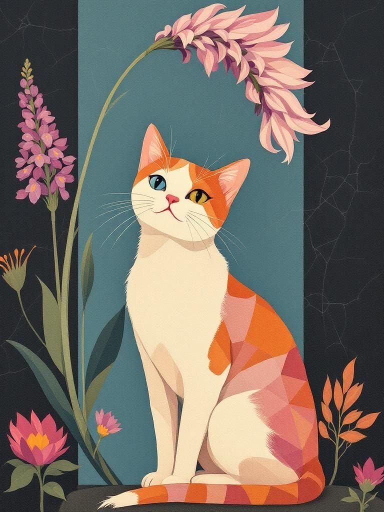 Adorable Cat Under Flower in Graphic Art Style