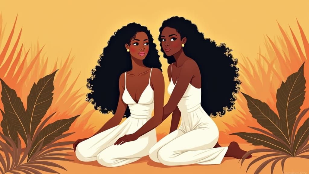 Tropical Illustration of Two Women in Vintage Style