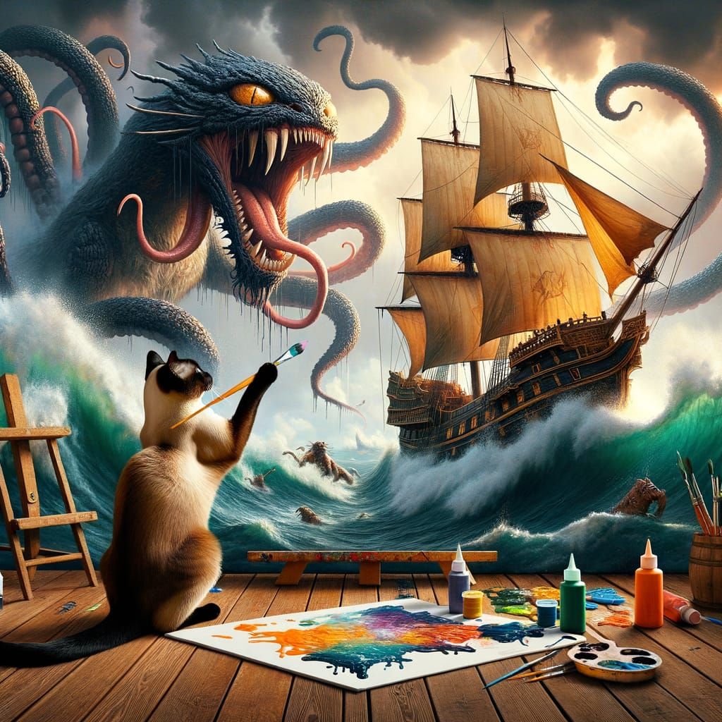 Cat Artist Paints Ship Under Kraken Attack