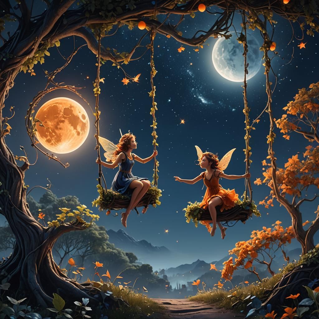 Fairy on Moon Swing in Starry Sky