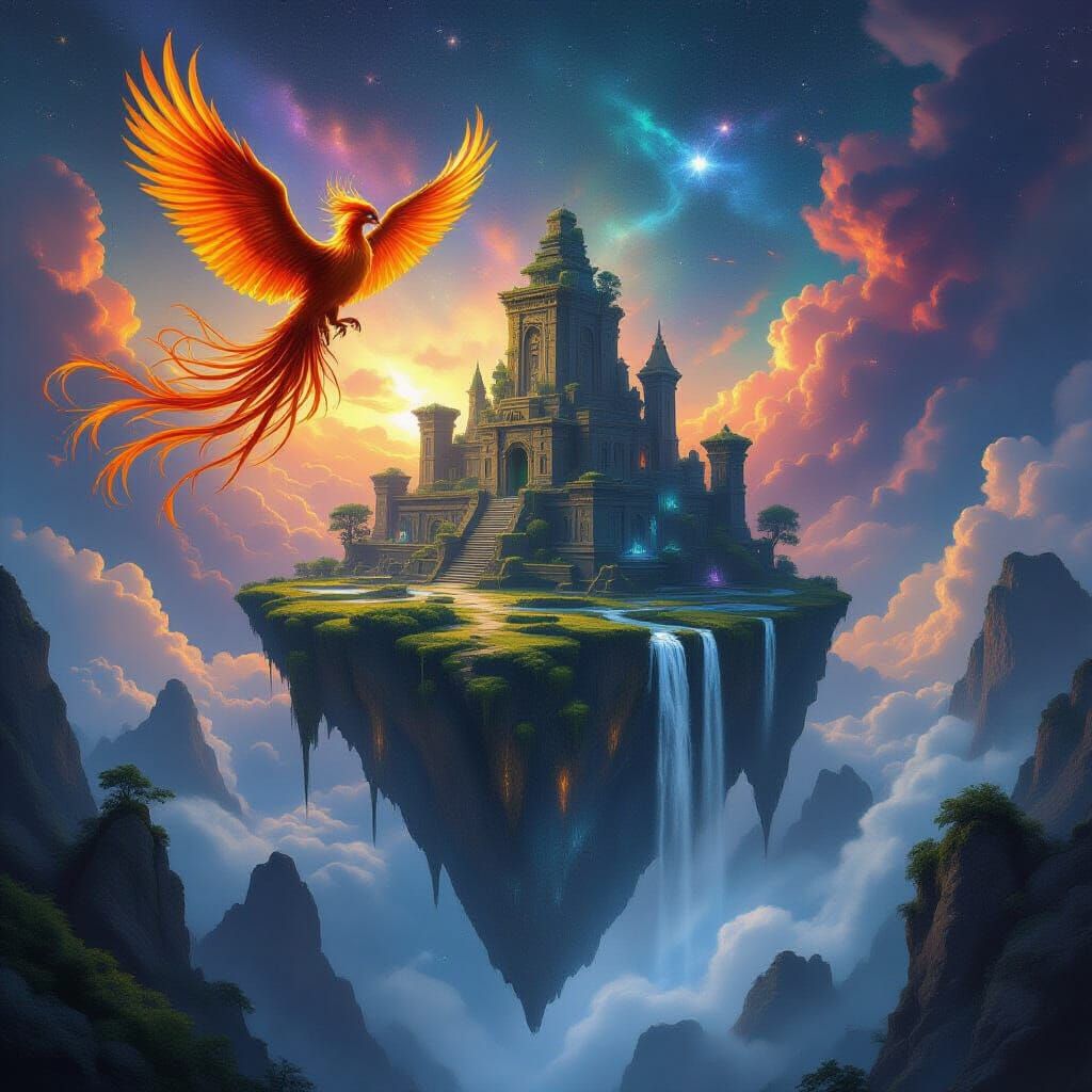 Majestic Phoenix Soars Over Ancient Floating Island