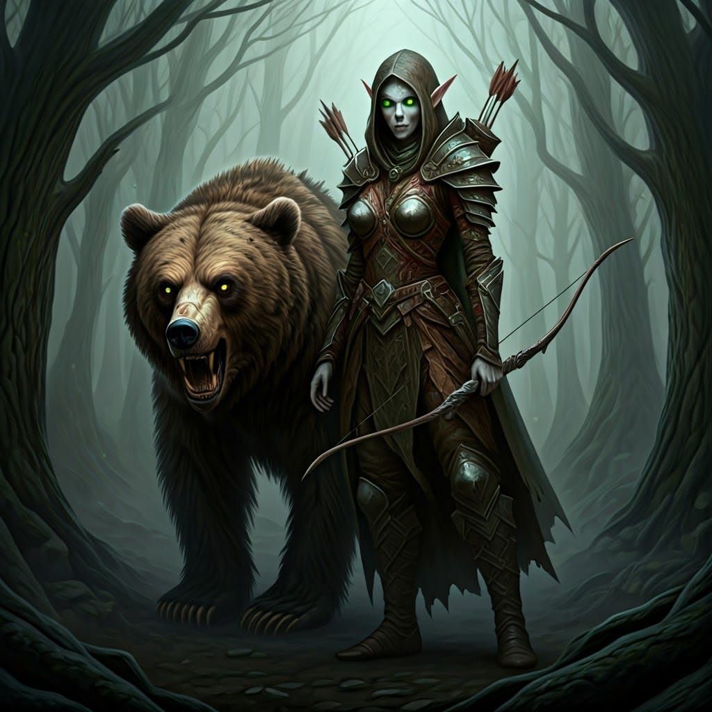 Undead Elf Ranger and Bear in Mystical Forest