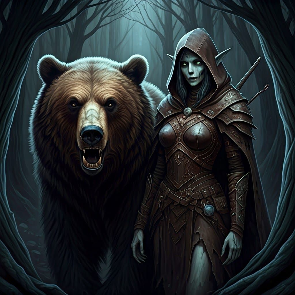 Undead Elf Ranger and Bear in Gothic Forest