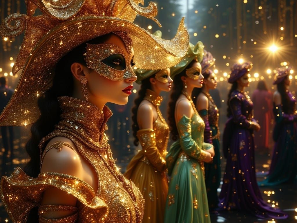 Elegant Venetian Carnival Figures in Mystical Nighttime Scen...