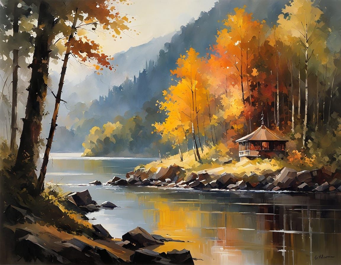 Mountain Lake Oasis in Vibrant Oil Painting Style