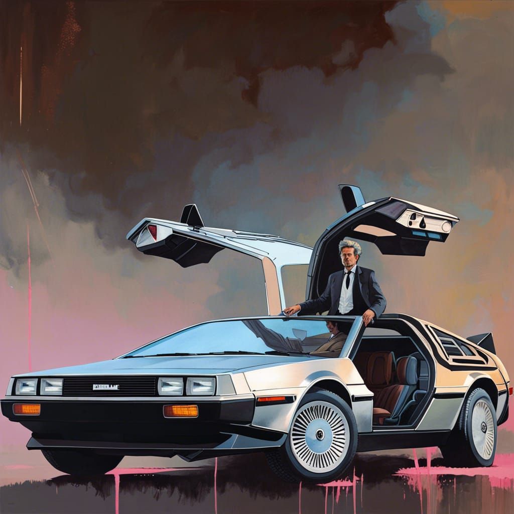 Trendy 1980s People with DeLorean in Oil Painting Style