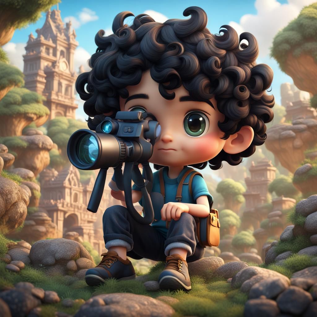 Hyperrealistic Chibi Boy with Binoculars, Detailed Digital A...