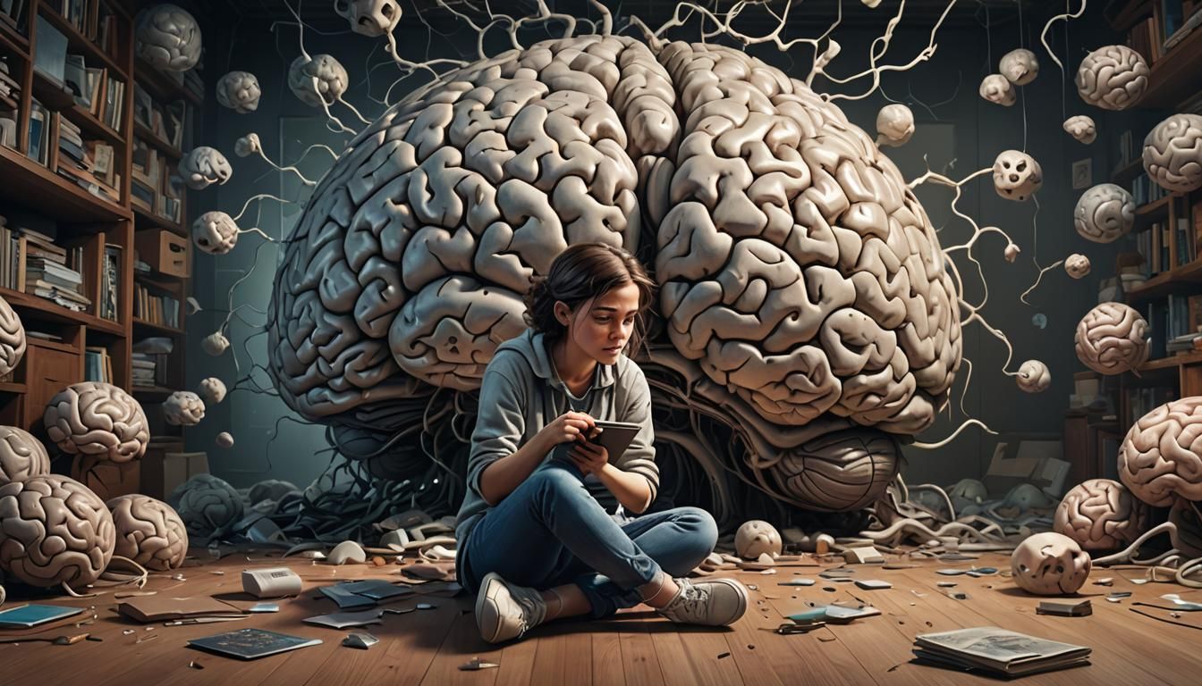 Surreal Brain Artwork: Woman and Crying Cartoon Brain
