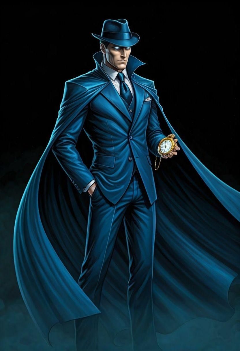Mysterious Man in Blue Suit with Glowing Eyes