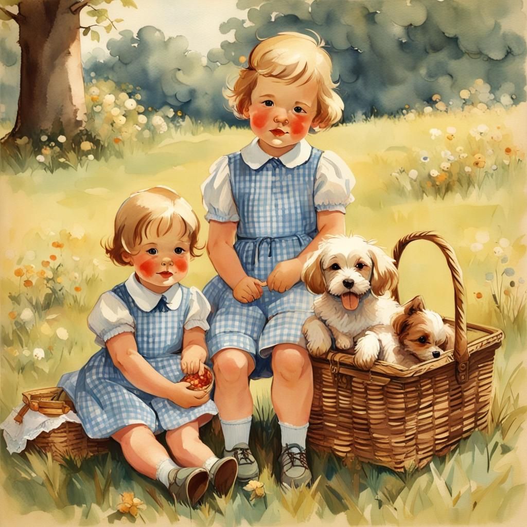 Children's Picnic in Sunny Meadow, Classic Illustration
