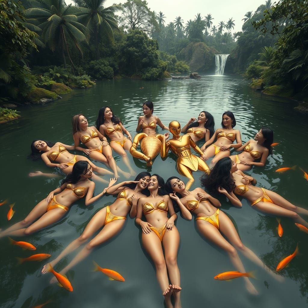 Surreal Goddesses in Tropical Oasis with Golden Robot