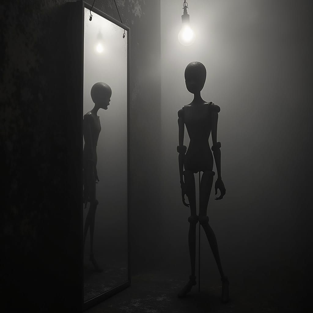 Grungy Puppet in Foggy Mirror with Bokeh