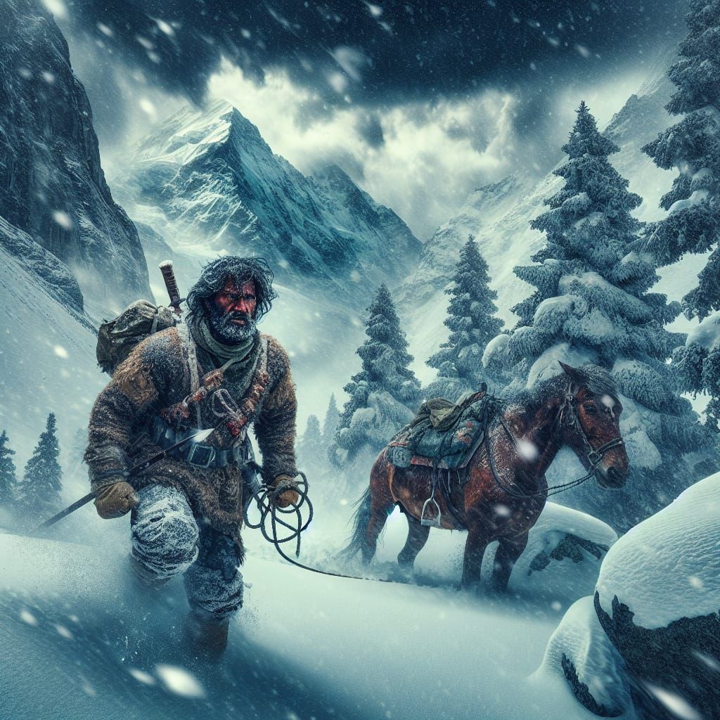 Swiss Alps Blizzard: Rugged Mountain Man and Horse